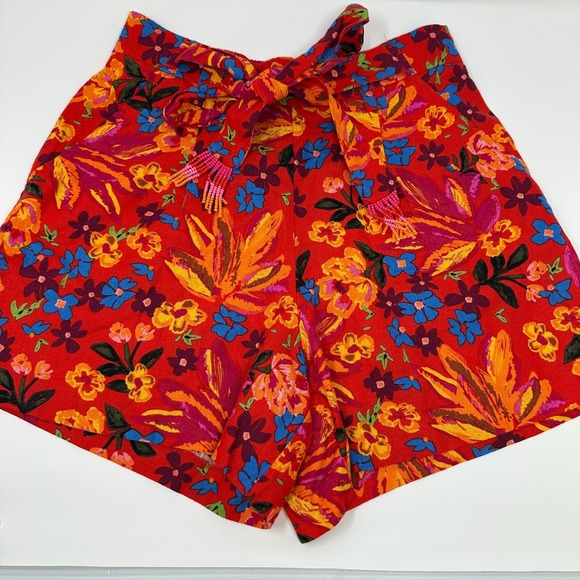 C&C California Red Floral Print Linen Paperbag Shorts -Size 4 - Back Elastic-EUC - Picture 1 of 7